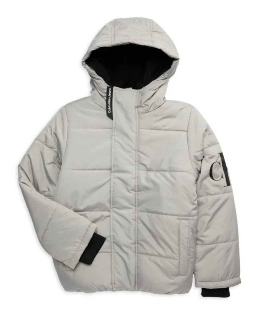 NWT Calvin Klein Jean Gray Puffer Zip Hoodie fleece lined Jacket large L-14/16